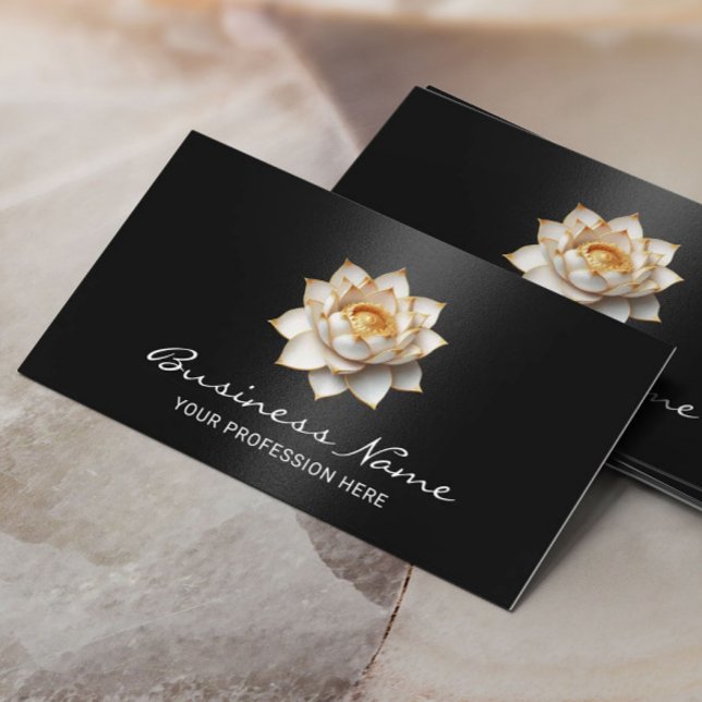 Elegante Lotus Blume Modernes Schwarzes Salon & WE Visitenkarte (Von Creator hochgeladen)