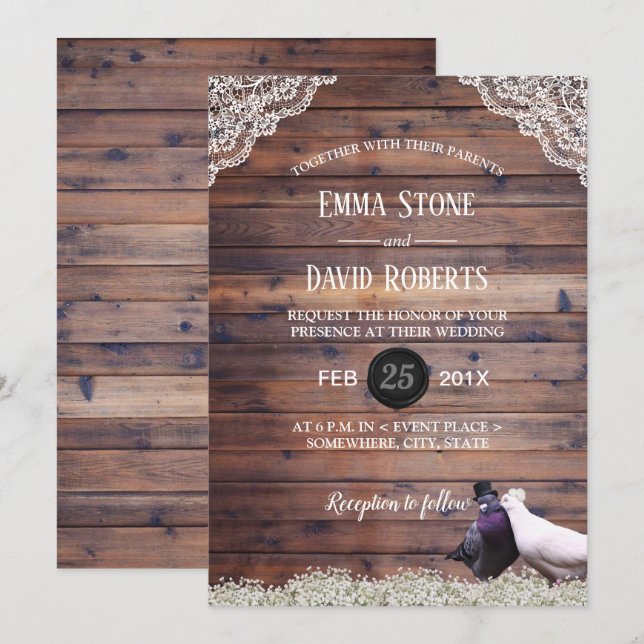 Elegante Lovebirds & Gipskraut Hochzeit geschlosse Einladung (Vorne/Hinten)