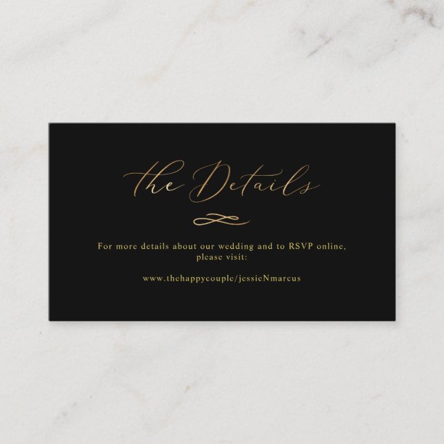 Elegante Luxe Calligrafy Imitats Gold Wedding Deta Visitenkarte (Vorderseite)