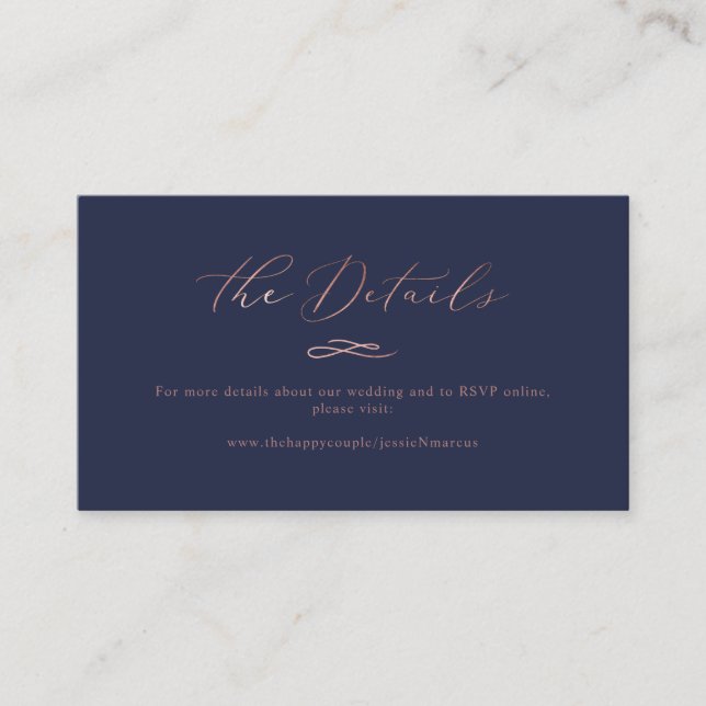 Elegante Luxe Calligraphy Rose Gold Wedding Detail Visitenkarte (Vorderseite)