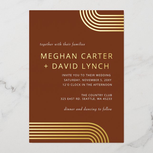 Elegante Luxe Terracotta Arched Gold Wedding Foil Folieneinladung (Vorderseite)