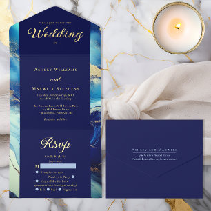 Elegante luxuriöse Navyblau- und Goldmarmor-Hochze All-in-One-Einladung