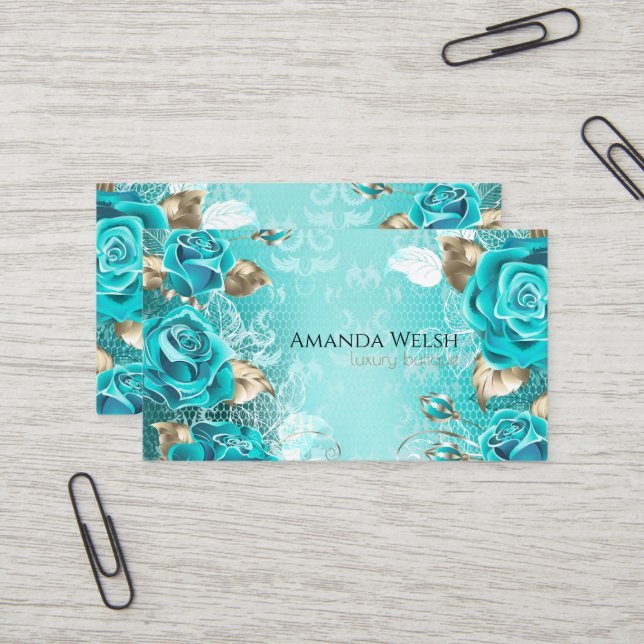 Elegante luxuriöse türkisfarbene Blume butique Visitenkarte (Vorderseite/Rückseite Beispiel)