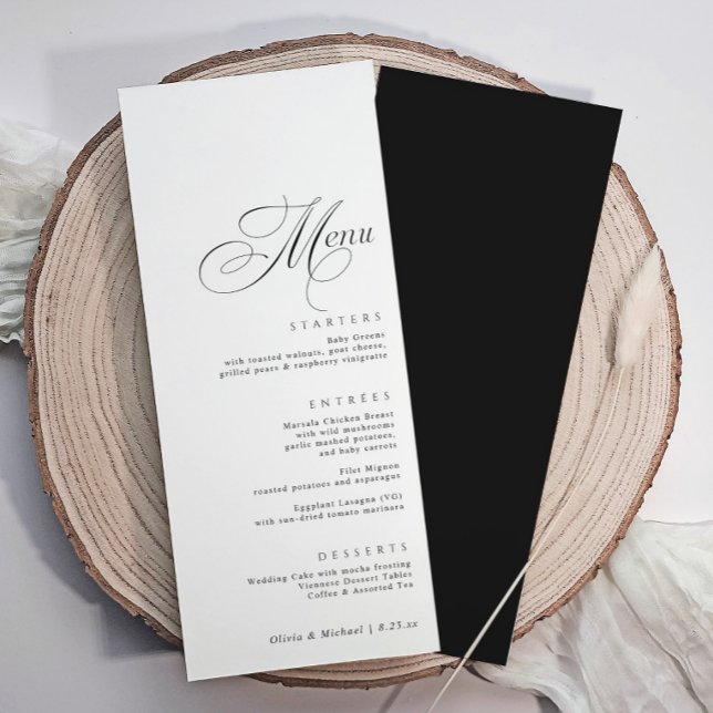 Elegante Luxury Calligraphy Wedding Menükarte (Elegant calligraphy wedding menus with ornate calligraphy and black back.)