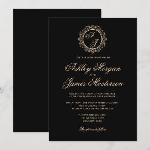 Elegante Luxury Gold Monogram Black Wedding Einladung