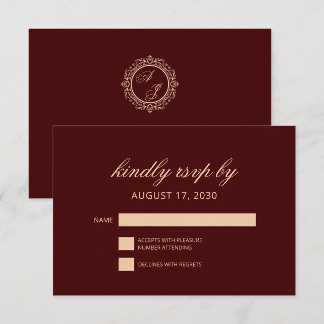 Elegante Luxury Gold Monogram Burgundy RSVP Card Einladung (Vorne/Hinten)