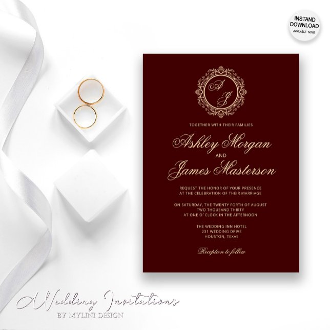 Elegante Luxury Gold Monogram Burgundy Wedding Einladung (Von Creator hochgeladen)