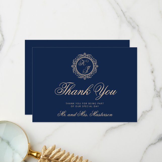 Elegante Luxury Gold Monogram Navy Blue Wedding Dankeskarte (Vorderseite/Rückseite Beispiel)