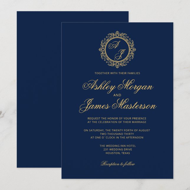 Elegante Luxury Gold Monogram Navy Blue Wedding Einladung (Vorne/Hinten)