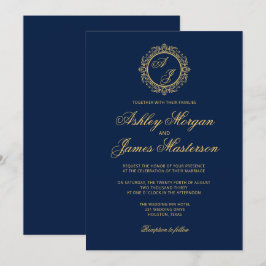 Elegante Luxury Gold Monogram Navy Blue Wedding Einladung