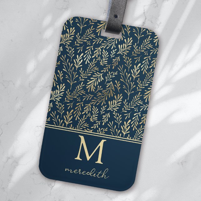 Elegante Luxury Navy Gold Leaf Monogram Gepäckanhänger (Von Creator hochgeladen)