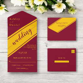 Elegante Luxus-Burgund und Gold Chic Hochzeit All In One Einladung