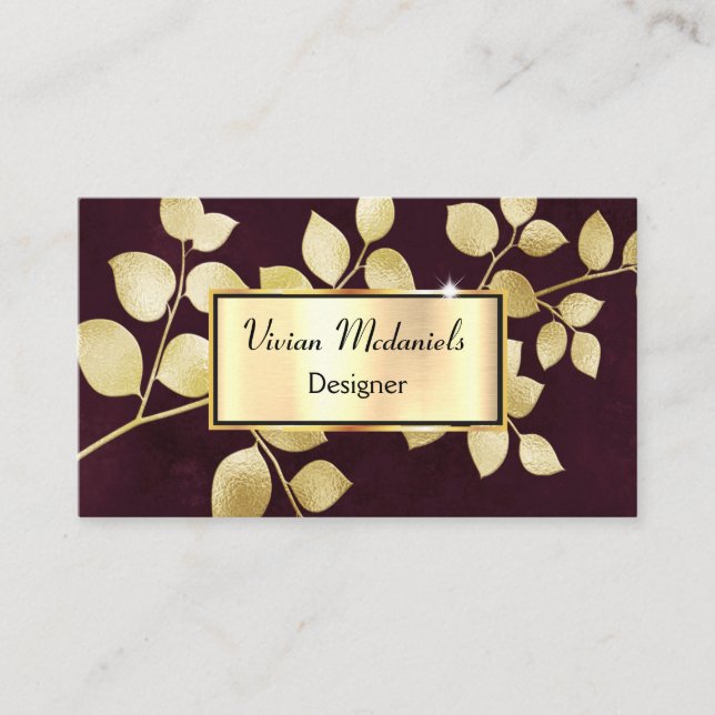 Elegante Luxus Gold & Burgund Blätter Visitenkarte (Vorderseite)