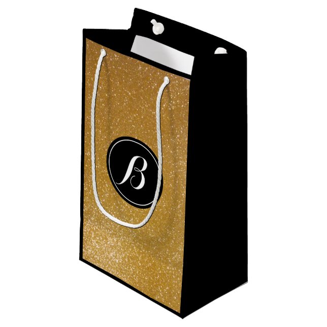 Elegante Luxus-Gold-Glitzer-Monogramm-Geschenktasc Kleine Geschenktüte (Vorderseite Schrägansicht)
