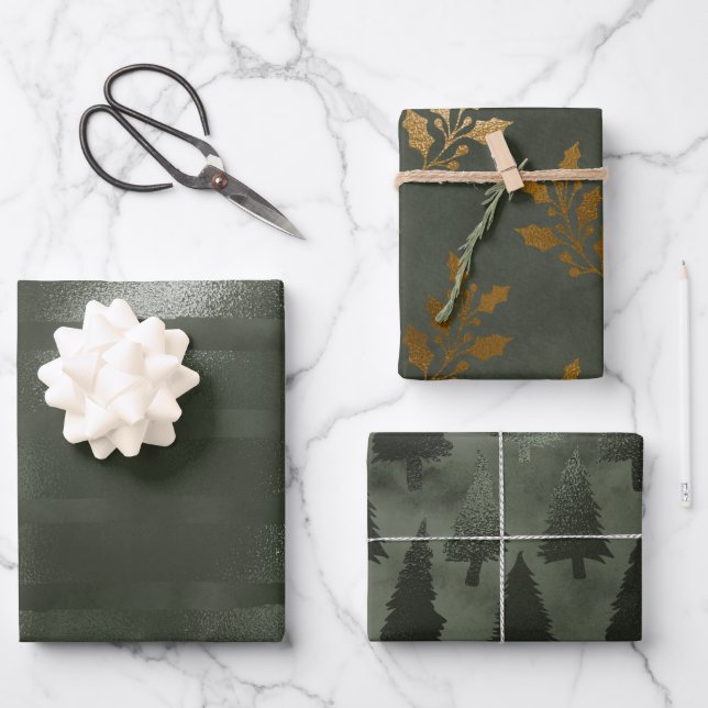 Elegante Luxus Green Gold Weihnachtsbaumen Geschenkpapier Set (Vorderseite)