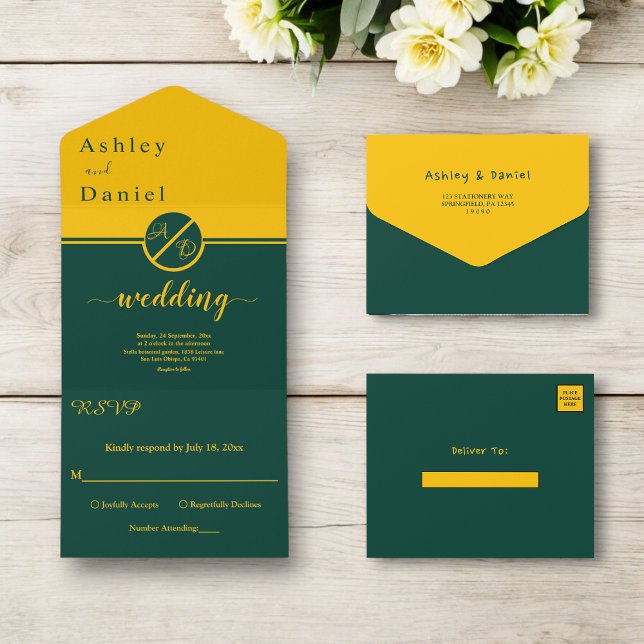 Elegante Luxus-Grün- und Gold-Monogramm-Hochzeit All In One Einladung (Von Creator hochgeladen)