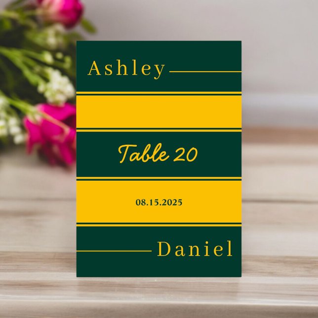 Elegante Luxus-Grün und goldene Streifen Chic Wedd Tischnummer (Von Creator hochgeladen)