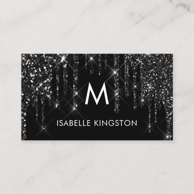 Elegante Luxus Monogram Black Glitzer Tropfen Visitenkarte (Vorderseite)