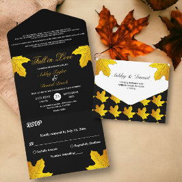 Elegante Luxus Schwarz und Gold Blätter Hochzeit i All In One Einladung