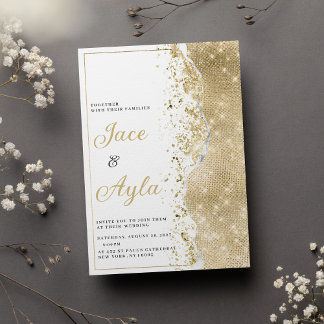 Elegante Luxus Weiße Gold Glitter Bokech Hochzeit Einladung