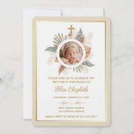 Elegante Mädchen-Taufe Grün Kreuz Foto Einladung