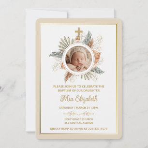 Elegante Mädchen-Taufe Grün Kreuz Foto Einladung
