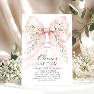Elegante Mädchen-Taufe Pink Blumen-Schleife Einladung