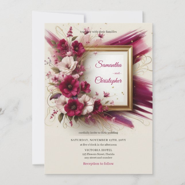 Elegante Magenta-Blume und Goldrahmen-Hochzeit Einladung (Vorderseite)