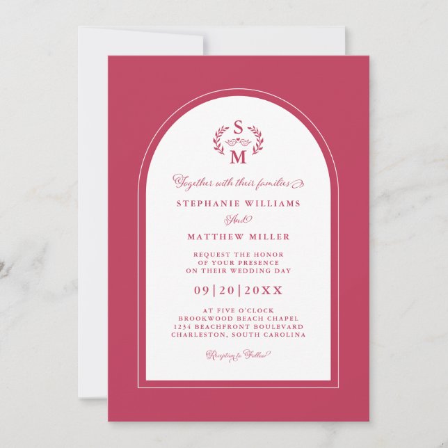 Elegante Magenta Calligraphy Wappen Arch Wedding Einladung (Vorderseite)