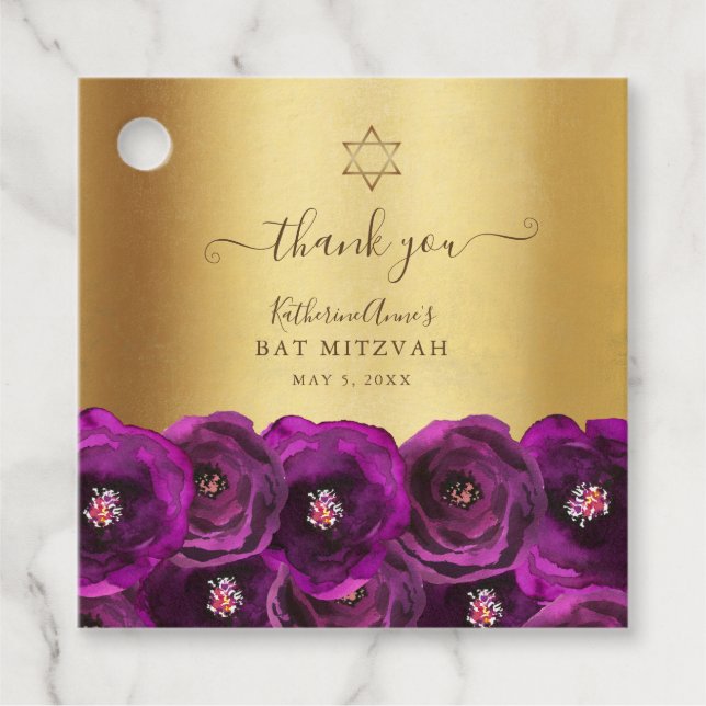 Elegante Magenta Florale Gold Bat Mizwa Danke Geschenkanhänger (Vorderseite)