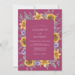 Elegante Magenta-Gelb-Wildblumen-Hochzeit Einladung