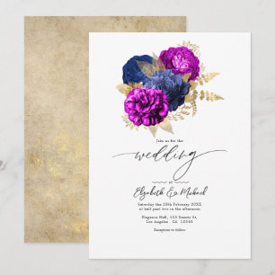 Elegante Magenta-, Navy- und Gold-Blumenhochzeit Einladung