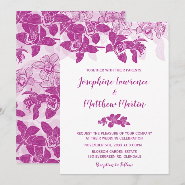 Elegante Magenta Orchids Hochzeit Einladung (Vorne/Hinten)