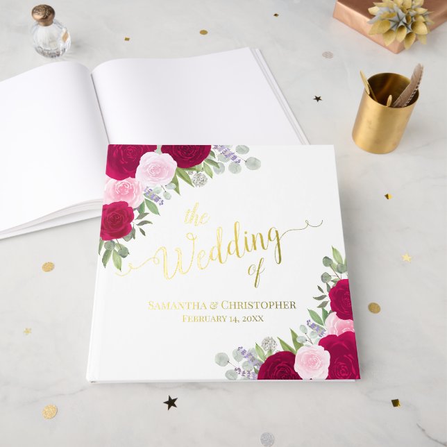 Elegante Magenta & Pink Boho Rose Hochzeit Gästebuch (Vorderseite Offen)