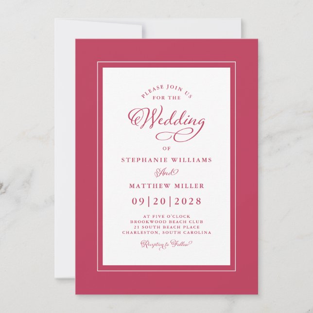 Elegante Magenta Red Modern Calligraphy Wedding Einladung (Vorderseite)