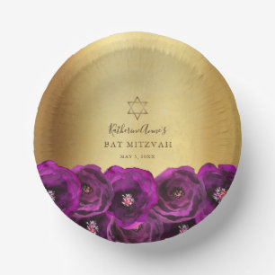 Elegante Magenta-Rosa-Rosen-Blumen-Gold-Bat-Mizwa Pappteller