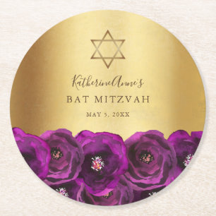 Elegante Magenta-Rosa-Rosen-Blumen-Gold-Bat-Mizwa Runder Pappuntersetzer