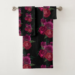 Elegante Magenta Rose Floral Bouquet Badhandtuch Set