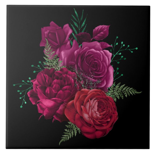 Elegante Magenta Rose Floral Bouquet Fliese (Vorderseite)