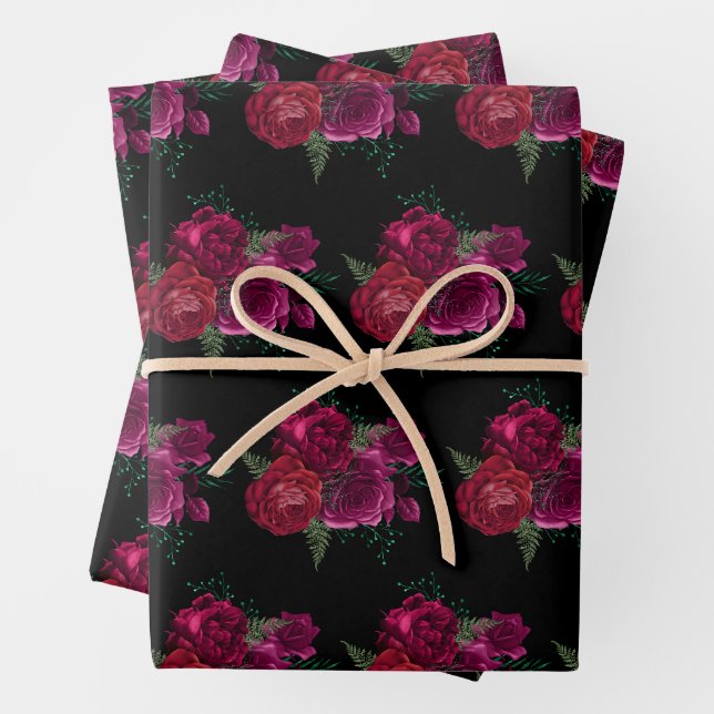 Elegante Magenta Rose Floral Bouquet Muster Geschenkpapier Set (Beispiel)