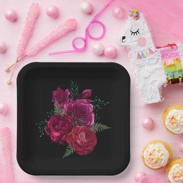 Elegante Magenta Rose Floral Bouquet Pappteller (Party)
