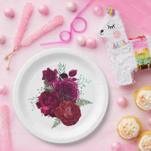 Elegante Magenta Rose Floral Bouquet Pappteller