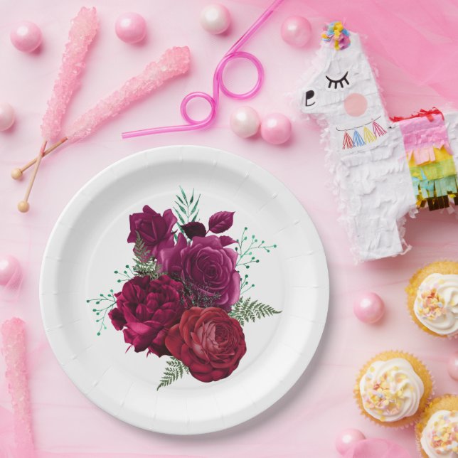 Elegante Magenta Rose Floral Bouquet Pappteller (Party)