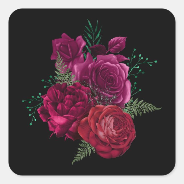 Elegante Magenta Rose Floral Bouquet Quadratischer Aufkleber (Vorderseite)