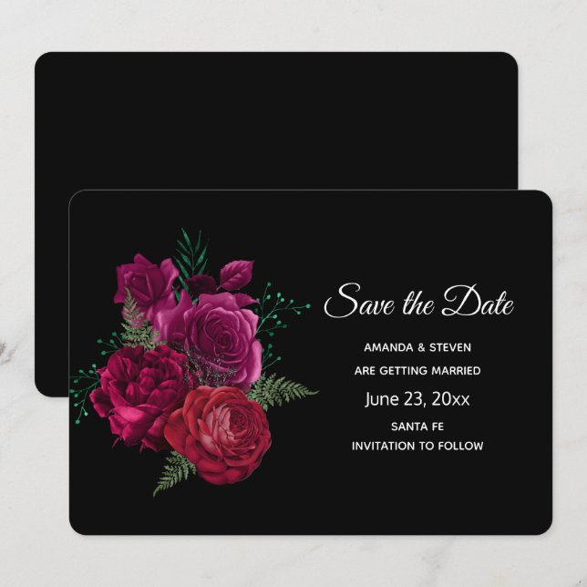 Elegante Magenta Rose Floral Bouquet Save The Date (Vorne/Hinten)