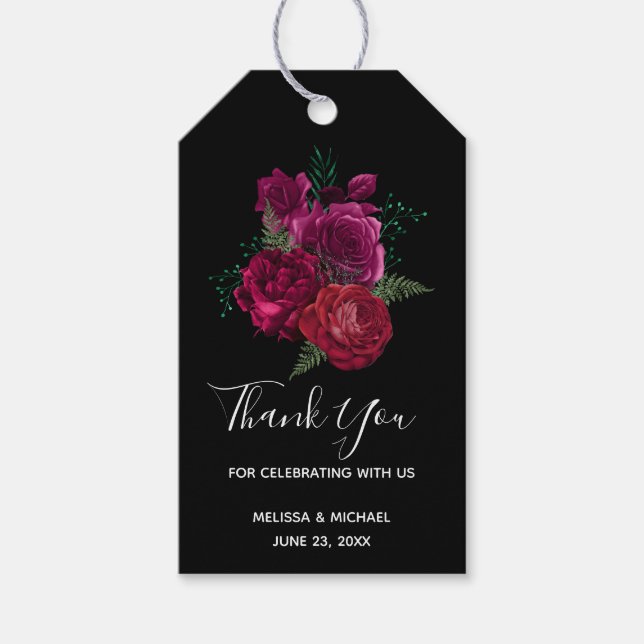 Elegante Magenta Rose Floral Bouquet Wedding Geschenkanhänger (Vorderseite)