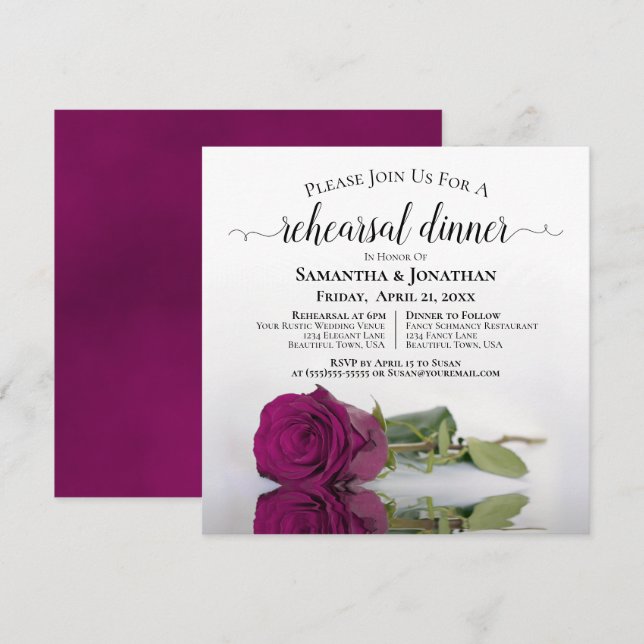 Elegante Magenta Rose Hochzeit Probe und Abendesse Einladung (Vorne/Hinten)