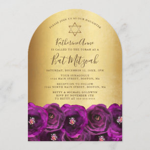 Elegante Magenta-Rosen-Blumen-Gold-Bat-Mizwa Einladung