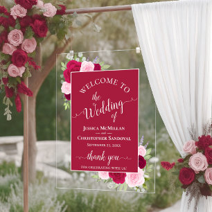 Elegante Magenta- und rosa Boho-Rosen Hochzeitsbeg Acrylschild