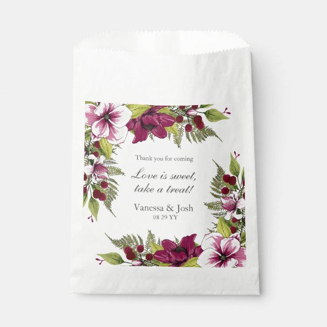 Elegante Magenta White Florals und Grüne Botanical Geschenktütchen (Vorderseite)